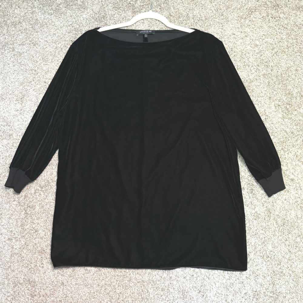 Lafayette 148 Velvet Tunic Women L Black Boat Neck Long Sleeve Side Slits Top